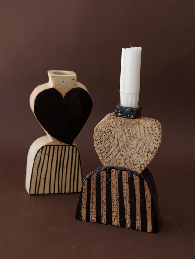 Heart & Cat Candle Holders — handmade ceramic by Anna Bestuzheva