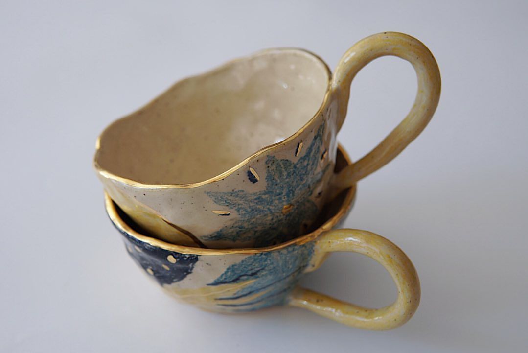 Golden Bloom Cups — handmade ceramic, Ceramic Pot Station